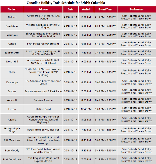 CP Holiday Train Schedule 2018