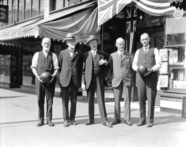 1929 Bowling tournament, people in front of LaSalle Recreations Ltd., 945 Granville. Archives #CVA 99-2058.