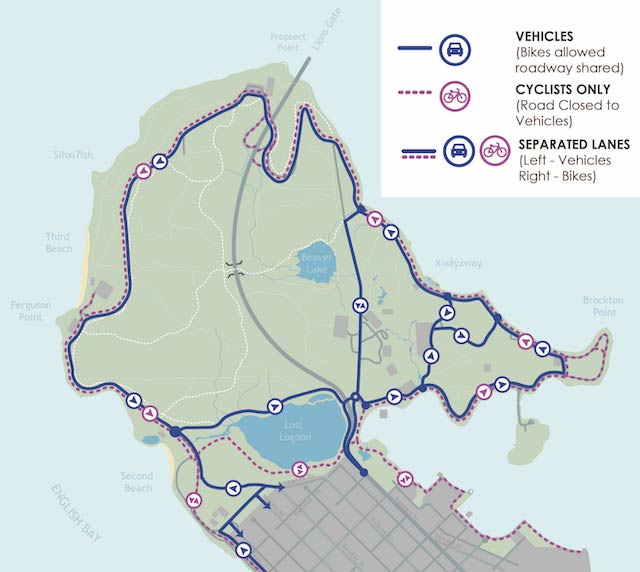 StanleyPark will reopen to vehicles tomorrow at 1pm with a new temporary traffic plan that will see cyclists and vehicles share the roadway to support #physicaldistancing. Lanes will be clearly delineated with bike access on the right lane and motor vehicles on the left.