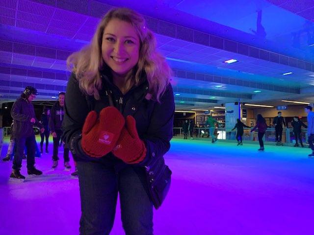 Showing off my red heart Variety BC mittens at the last Miss604 skate night for charity