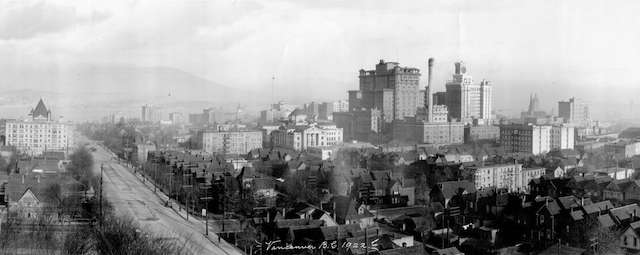 Panoramic View of Downtown Vancouver from Burrard & Nelson.  Vancouver Archives # PAN P60. Click for full panoramic image.