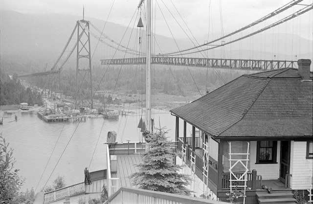 View from the Prospect Point Signal Station in 1938 when the Lions Gate Bridge was under construction. James Crookall photo. Archives # CVA 260-833