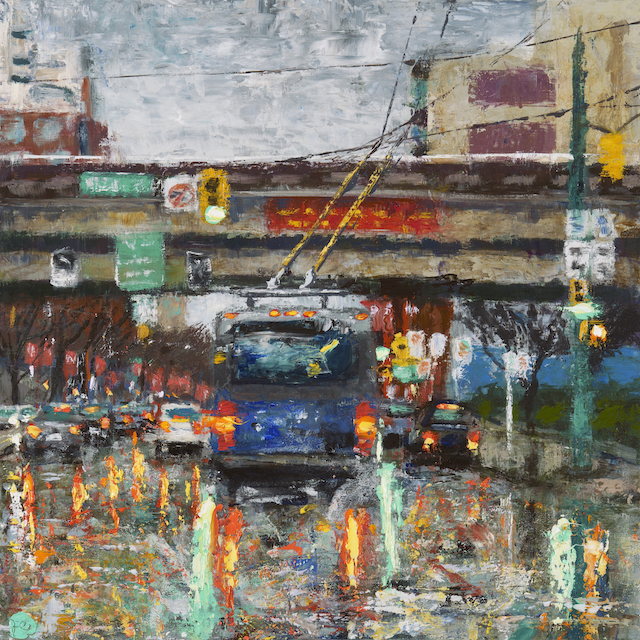 Painting of Bus titled Main Viaduct and Rain by Penny Eisenberg