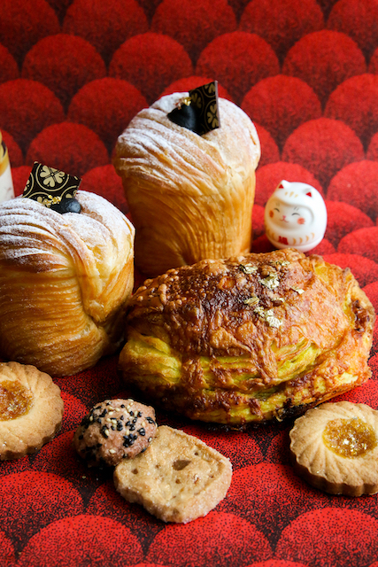 Beaucoup Bakery's Year of the Dragon pastries with red backdrop