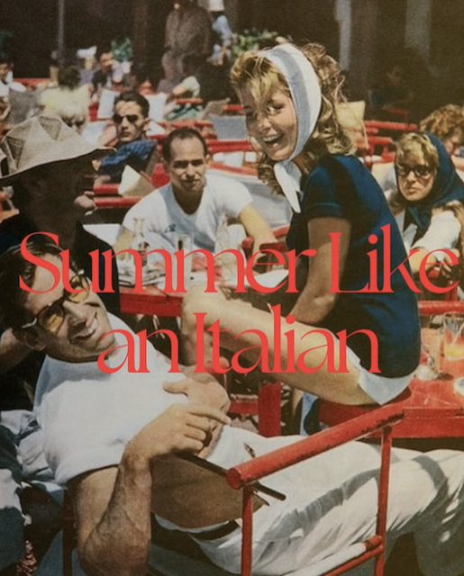 Vintage image of man and woman enjoying their summer in Italy in a crowded outdoor restaurant