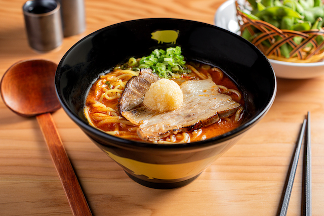 Bowl of the specialty pork ramen and toppings at Kinton Ramen Surrey