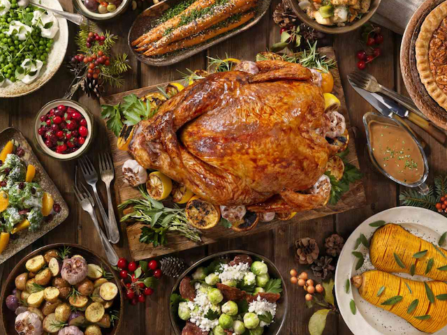 Thanksgiving turkey at The Wild Fig, complete with traditional sides and veggies laid out on display