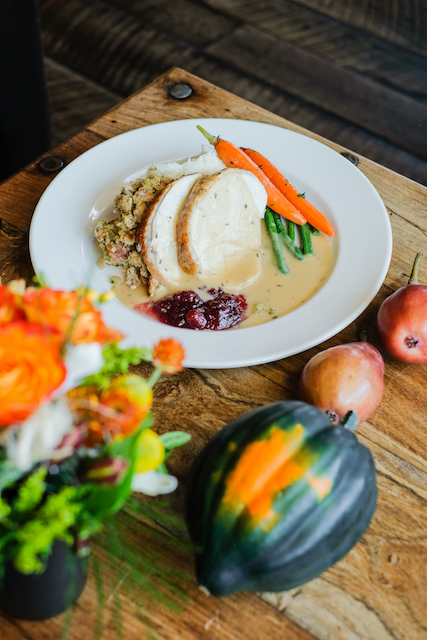 The Sandbar's Thanksgiving Turkey meal paired with squash, carrots, mashed potatoes, gravy, cranberries and green beans