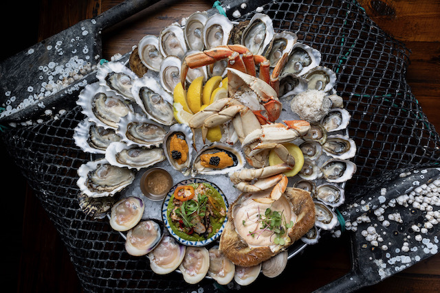 Fanny Bay Oyster Bar's sustainable seafood display with oysters, prawns, caviar and more