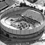 Aerial view of partially completed construction of Pacific Coliseum