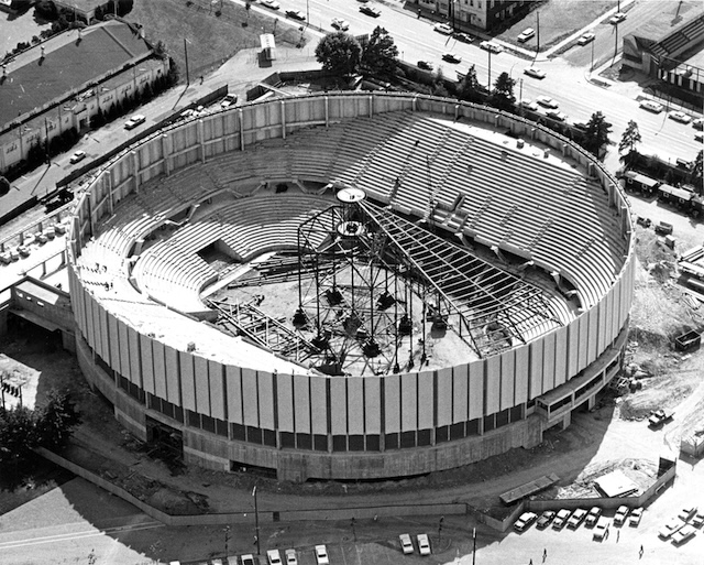 Aerial view of partially completed construction of Pacific Coliseum