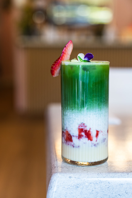 Iced Matcha with condensed milk and strawberry compote at Loam Bistro