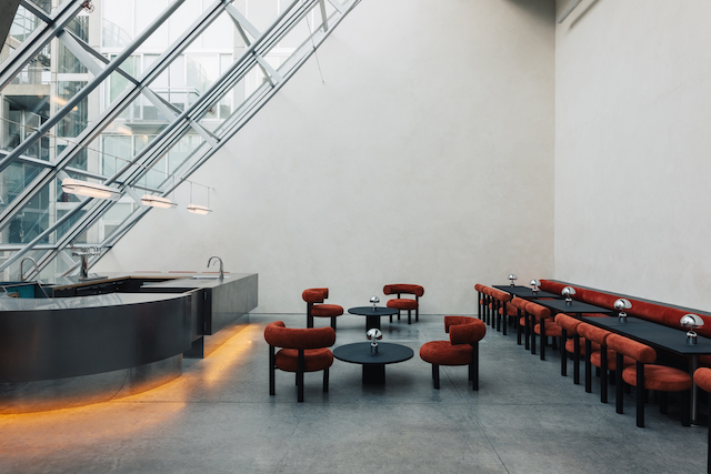Ellipsis Interior with bar and velvet seating for coffee and cocktails