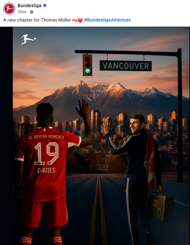 Bundesliga graphic on Facebook - FC Bayern Munich's Davies (former Whitecap) waves to new Whitecaps (and former FC Bayern Munich) Thomas Müller