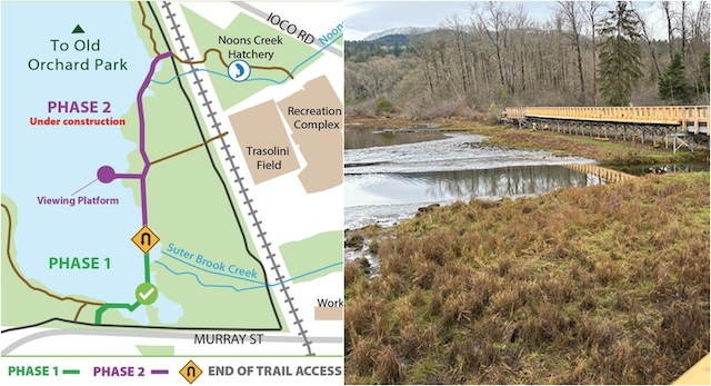 Map showing Phases. Photo of Phase 1 focusing on the section spanning Suter Brook Creek. City of Port Moody Photo.