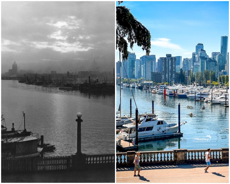 1926 / 2023 Coal Harbour and Stanley Park Seawall. Vancouver archives CVA 758-1 and Miss604 photo