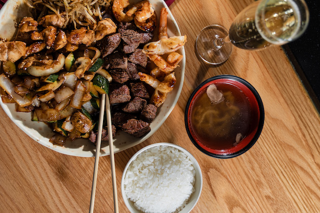 Kobe Hibachi Grilled Meal with Rice and Soup and Champagne